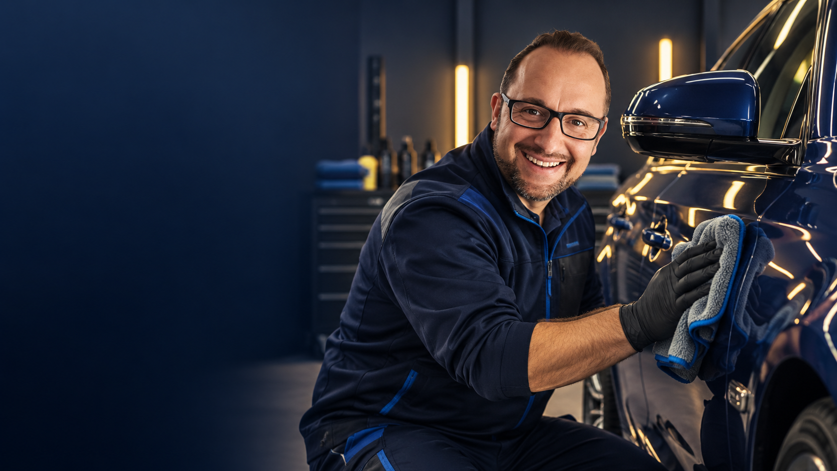 KI-Bildmontage nach Porträtvorlagen: Matthias Merklein pflegt ein blaues Fahrzeug in einer beispielhaften Studioszene
