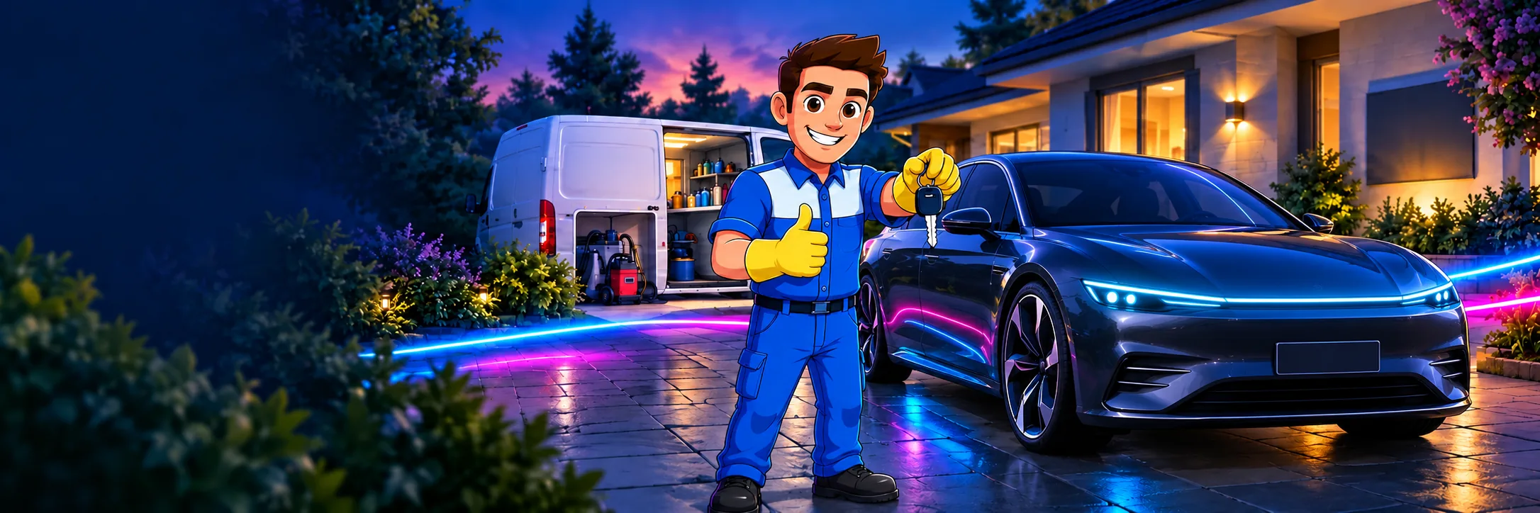 KI-Fotomontage: Das Comic-Maskottchen steht vor einem Fahrzeug und übergibt den Schlüssel beim mobilen Service