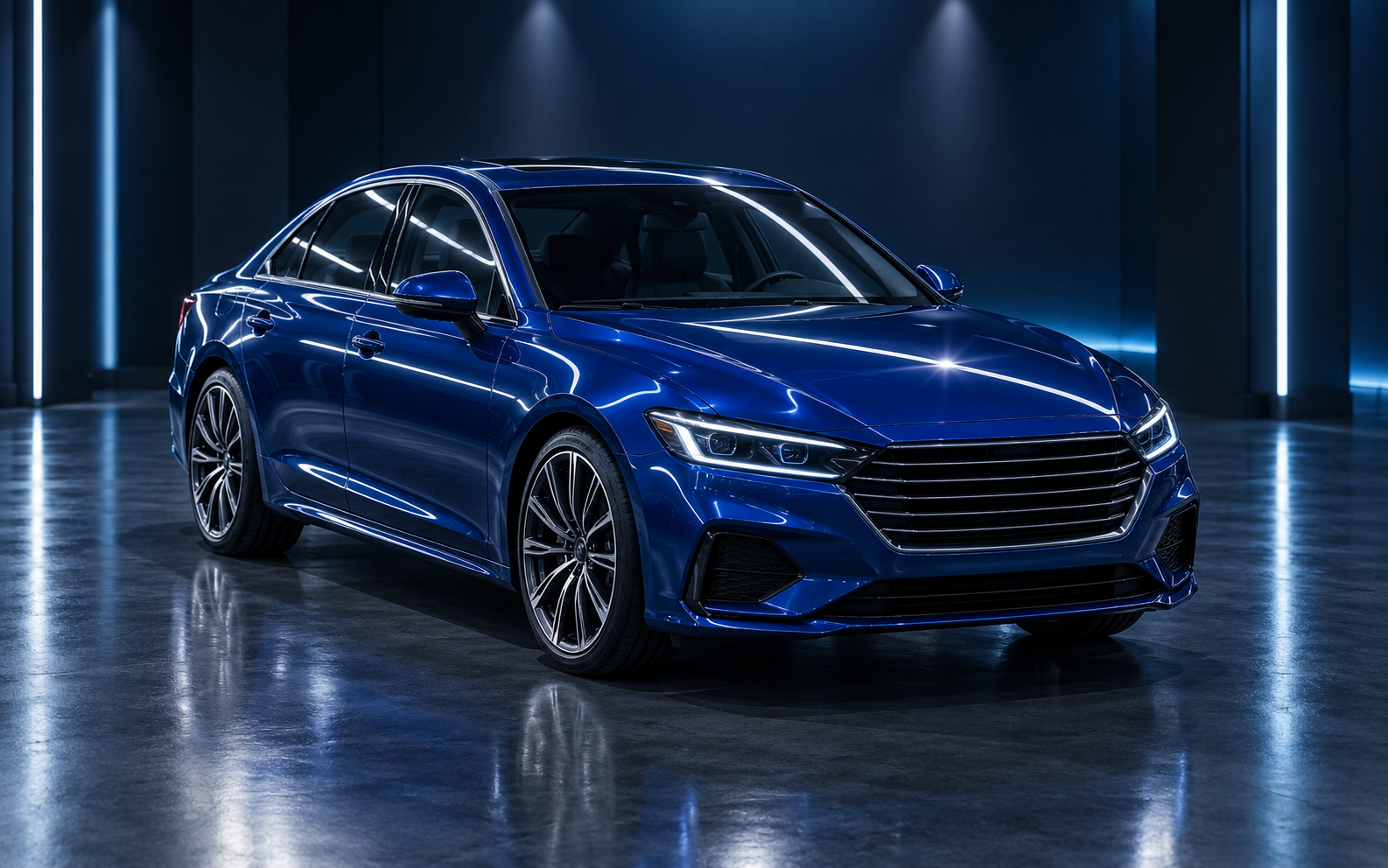 Visualisierung einer vollständig sichtbaren polierten blauen Limousine
